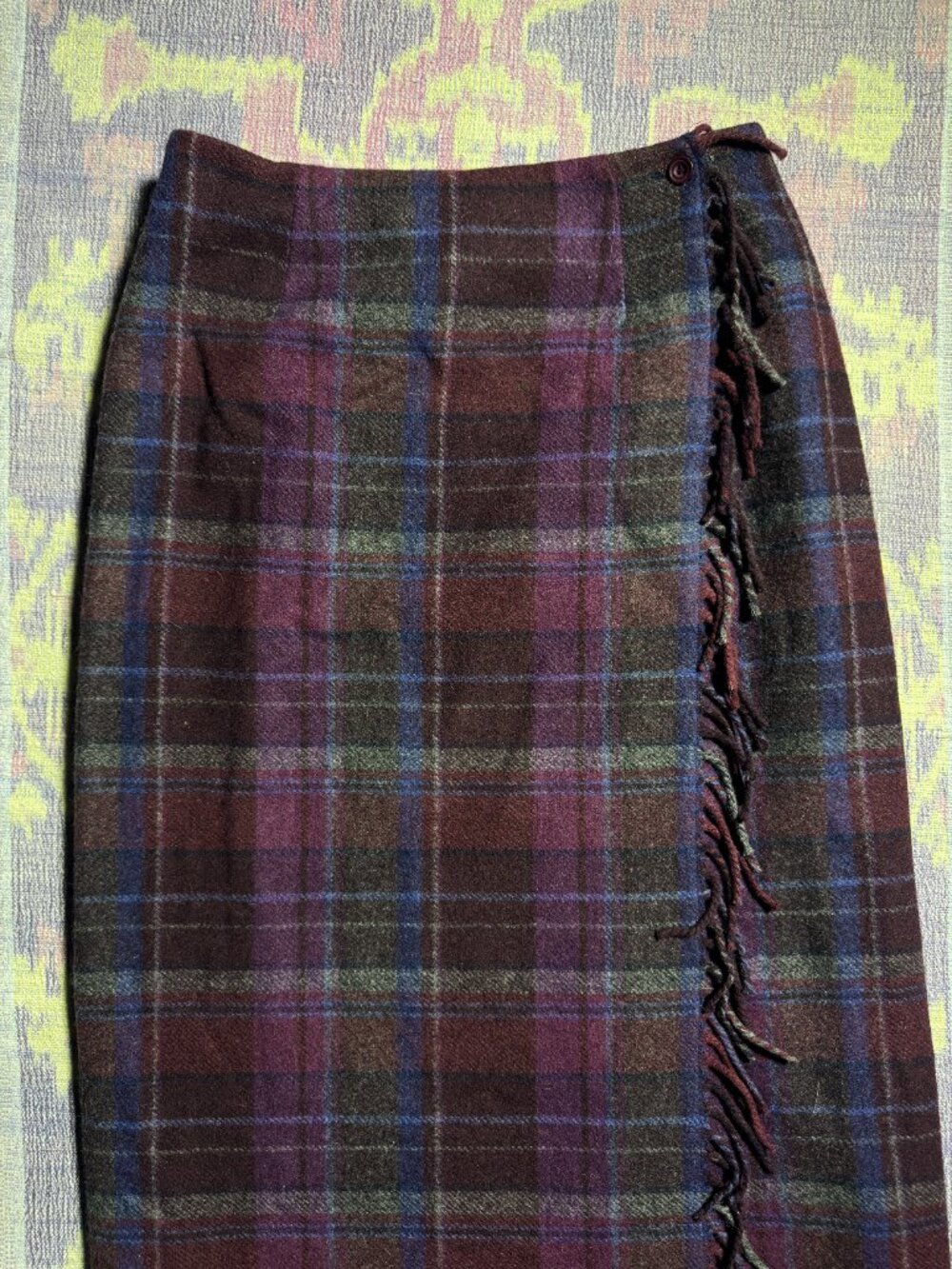 Talbots Plaid Fringe Wool Blend Wrap Skirt Purple Blue Sz 8 - Picture 4 of 15